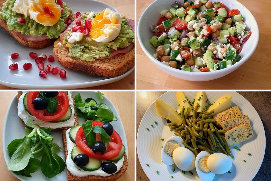 Čtyři jídla z jídelníčku FitWay40: toast s avokádem a vejcem, salát s cizrnou, chléb s tvarohem a zeleninou, vejce s bramborem a fazolkami