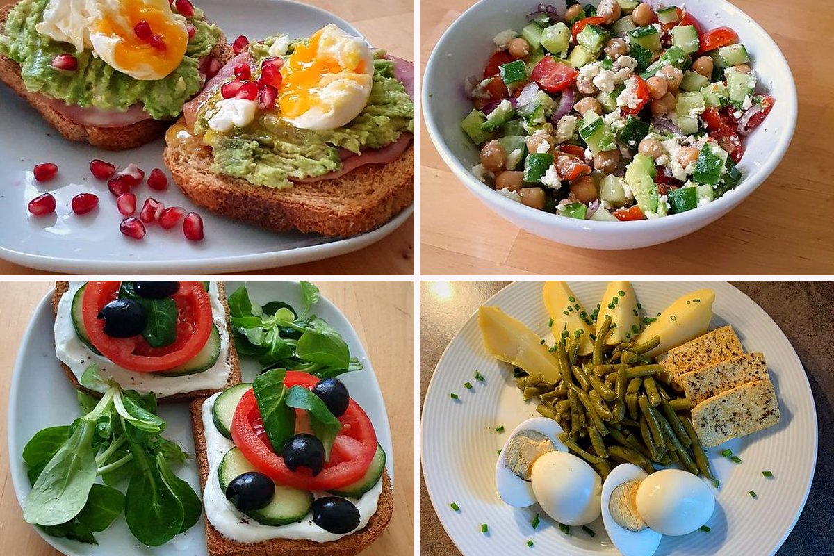 Čtyři jídla z jídelníčku FitWay40: toast s avokádem a vejcem, salát s cizrnou, chléb s tvarohem a zeleninou, vejce s bramborem a fazolkami